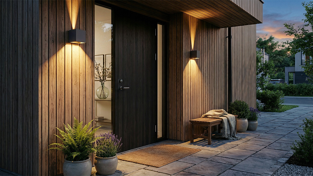 Stilrene utendørs vegglamper som lyser opp inngangspartiet til et moderne hus med treverk ved skumring.
