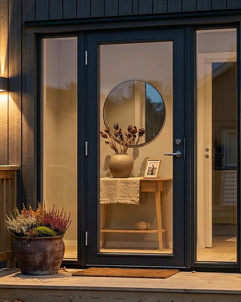 To utendørs vegglamper fra Aneta Lighting lyser opp inngangspartiet til et hus med trepanel og trapp ved skumring.