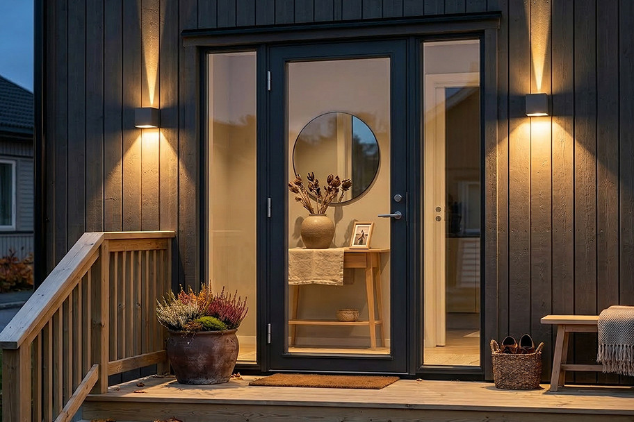 To utendørs vegglamper fra Aneta Lighting lyser opp inngangspartiet til et hus med trepanel og trapp ved skumring.