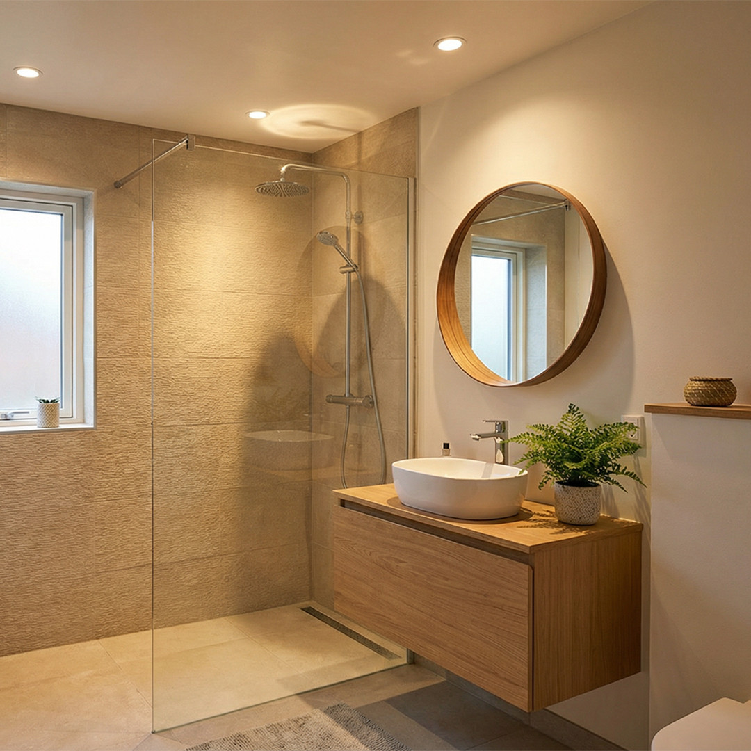 Moderne baderom med innfelte downlights i taket og rundt speil over servant.